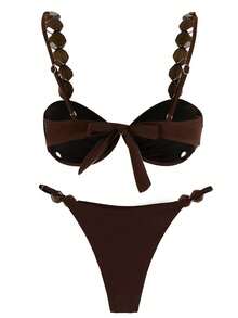 Beaded Deep Brown Bikini Set – Underwire Push-Up Top & High-Cut Bottom, Sheen Fabric, Luxury Beachwear - Cà phê đen - Xem 5
