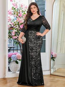 优雅V领花卉蕾丝撞色缎面垂褶侧边正式派对长裙，情人节礼服，舞会晚宴婚礼宾客礼服，毕业典礼、晚宴等场合皆宜。 - 黑色 - 查看 7