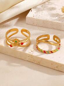 2pcs/Set Stainless Steel 18K Gold Plated Personalized Hip Hop Enamel Drip Rings Set, Suitable For Women Everyday Wear - Multicolor - View 4
