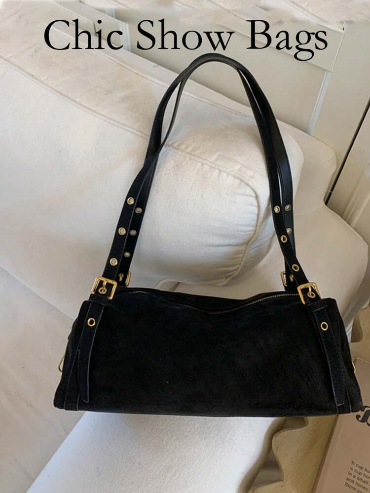 Bolso de mano estilo retro minimalista para mujer - Nuevo lanzamiento de invierno 2025, bolso de hombro de lujo de alta gama con bloques de color, adecuado para ir de tienda en tienda a corta distancia con correa de hombro ajustable - Negro - Añade 1