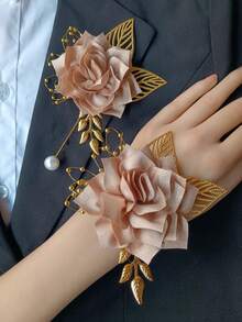 1 Wrist Corsage + 1 Champagne Rose Flower Brooch, Artificial Flower Decoration For Wedding Bride, Groom, Bridesmaid, Groomsman, Party, Daily Wear - A - View 6
