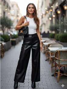 Pantalón stretch de vinipiel tiro alto con detalle de pinzas acampanado para dama - Negro - Ver 2