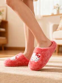 SANRIO & & Woman Closed Toe Lovely Warm Non-Slip Flat Plush Slippers Suitable For Winter Home, Shoes, Furry Slippers, Fluffy Slippers - Red - View 4