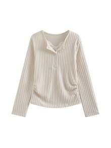 2-In-1 Fleece Knit Undershirt For Women, Fitted Lace Trim Crop Top, Autumn/Winter Casual - Apricot - View 3