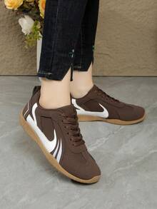 女士户外休闲运动鞋，金属搭扣装饰，人造革材质，系带设计，舒适时尚，秋季新款 - 棕色 - 查看 3