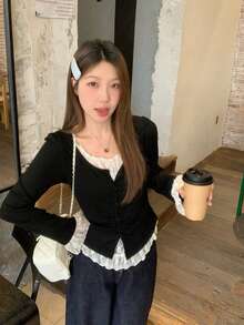 轻薄宽松休闲新款春秋季女式优雅韩版蕾丝拼接二合一打底T恤