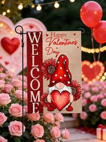 1 pieza Bandera de jardín del Día de San Valentín, bandera de bienvenida de poliéster de doble cara, diseño de gnomo con corazón, decoración exterior de arpillera impermeable, 12x18 pulgadas, con uso multipropósito para el hogar, el porche, el patio - Multicolor - Ver 12