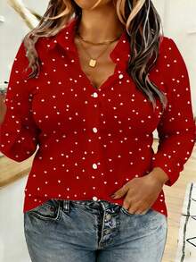 A Casual And Simple Style Adorned With Heart-Shaped Elements-This Plus-Size Women's Shirt Features A Heart Print All Over The Body, Suitable For All Seasons And Occasions Such As Valentine's Day And New Year's Parties. - Red - View 1