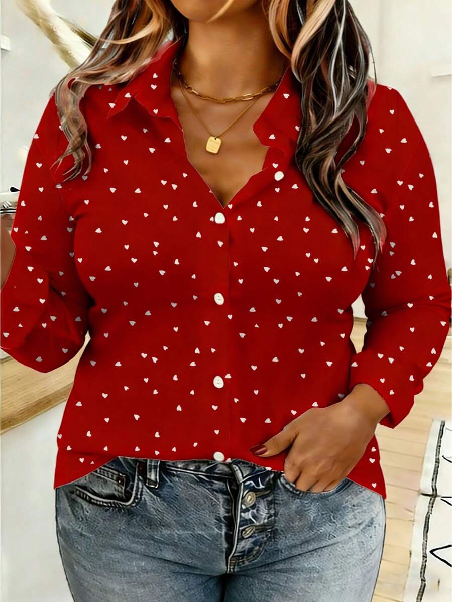 A Casual And Simple Style Adorned With Heart-Shaped Elements-This Plus-Size Women's Shirt Features A Heart Print All Over The Body, Suitable For All Seasons And Occasions Such As Valentine's Day And New Year's Parties. - Red - View 1