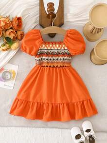 女婴夏季新款波西米亚风泡泡袖拼接连衣裙 - 橘色 - 查看 3