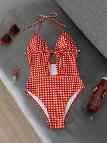 PEPPERMOLLY 2026 Spring/Summer New Vintage Red Plaid Lace-Up One-Piece Swimsuit - Ruched Bust Design, Sexy Fitted, Suitable For Beach And Pool Wear - Red - View 7