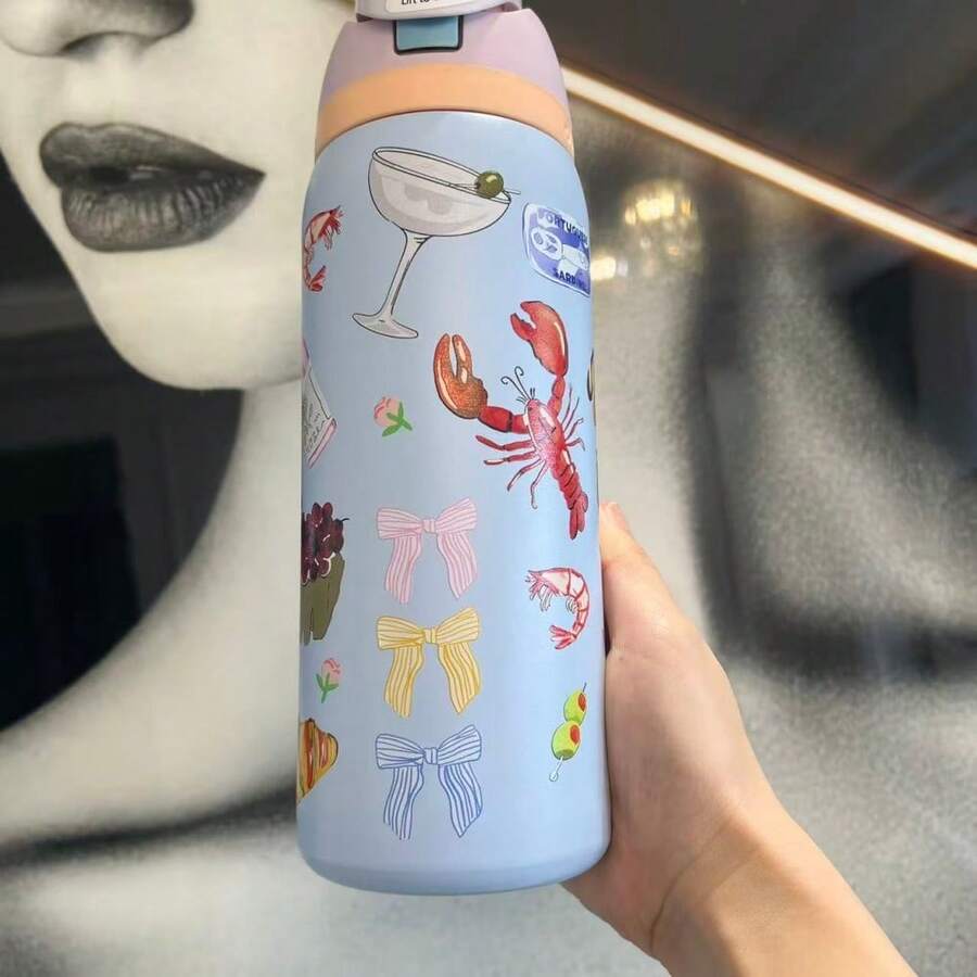 32 OZ, Ribbon Printed Fabric, Sugar Skull, Dinner, Tulips, Cat Head, 32 OZ Insulated Stainless Steel Water Bottle. Equipped With A Straw, Suitable For Sports, Outdoor Activities, Travel, And Student Sports Water Bottles, With A High Degree Of Exquisite Appearance. A Portable Water Bottle With A Straw, Perfect For Use During Exercise. It Can Keep Beverages Cold For Up To 24 Hours And Also Maintain The Temperature Of Hot Water. This Sports Water Bottle Is Designed For People Who Enjoy Drinking Beverages And Is Perfect For Use In Schools, Gyms, Travel, Daily Commuting, Outdoor Picnics, Summer, Autumn, And Winter Outings, Outdoor Activities, Camping, Dormitories, Yoga, Driving, Office Commuting, Teachers, Graduation Gifts, Teacher Gifts, Valentine's Day Gifts, Birthday Gifts, Thanksgiving Gifts, Christmas Gifts, Halloween Gifts, And Other Occasions. - 晚餐 - 查看 1