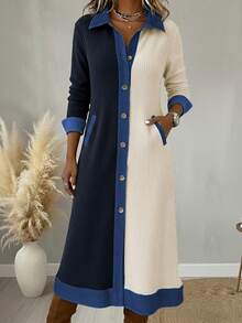 女士休闲优雅拼接牛仔效果长连衣裙，正面带纽扣口袋，适合办公室、日常通勤、春夏秋季穿着。 - 彩色 - 查看 2