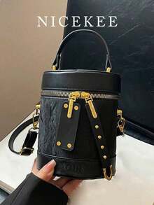 女士时尚小众圆柱形手提包，水桶包新款高端单肩斜挎包，零钱包，口红盒，多功能小众纹理链条邮差包，适合约会、购物、外出、通勤、日常搭配、办公、度假等场合。 - 黑色 - 查看 2