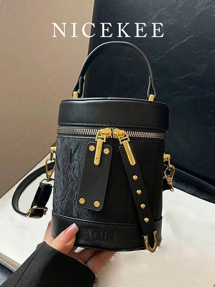 女士时尚小众圆柱形手提包，水桶包新款高端单肩斜挎包，零钱包，口红盒，多功能小众纹理链条邮差包，适合约会、购物、外出、通勤、日常搭配、办公、度假等场合。