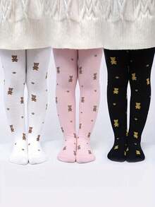 3pcs Girls' Jacquard Soft Knit Leggings, Cartoon Bear Pattern - Multicolor - View 13