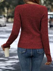 Women's Elegant V-Neck Wrap Knit Top - A Versatile Long Sleeve Sweater Perfect For Modern Women's Daily Casual Outings, Office Chic Looks, And Effortlessly Stylish Gatherings  Workout Tops  Ski Outfit Women  Women's Winter Clothing Of Women's Winter Clothing Women's Winter Fashion Women's Winter Promotion Of Women's Winter Clothing  Christmas  Halloween Christmas Gift - 紅色 - 查看 3