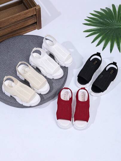 1 Pair Girls' Summer Fashion High Heel Sandals, Knitted Breathable Thick Sole Casual Sports Beach Shoes, Open Toe Net Fabric Roman Beach Sandals, Suitable For Boys And Girls Outdoor Leisure, Travel And Holiday Wear