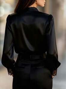 1件女士拼接缎面纽扣蕾丝拼接薄纱优雅时尚长袖衬衫，适合办公室、居家、日常、度假、约会等各种场合，四季皆宜，黑色春季款 - 黑色 - 查看 3