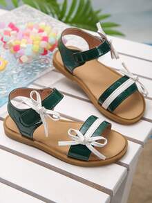 小女孩深绿色蝴蝶结舒适平底凉鞋露趾夏季鞋 - 綠色 - 查看 2
