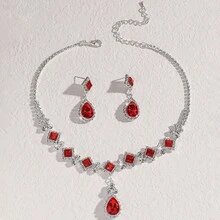 女士水滴形和方形水钻项链耳环套装 - 银色派对婚礼首饰 - 8056 - 查看 15