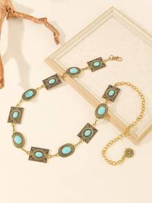 1 pieza Cadena de cintura de estilo vintage occidental boho con flor tallada en metal para mujer, casual y de moda - Oro A - Ver 20