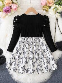 Young Girl Casual Knit Velvet Striped Beaded Shoulder Long Sleeve Round Neck Bow Patchwork Contrast Color Floral Print A-Line Hem Dress, Suitable For Daily, Home, Outdoor, Sports, Spring/Autumn - Black and White - View 4
