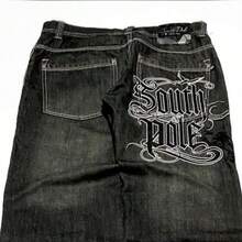2026 Y2K Men's Wide Leg Jeans Dark Wash Letter Print Street  Trousers - BW1024印花 - 查看 2