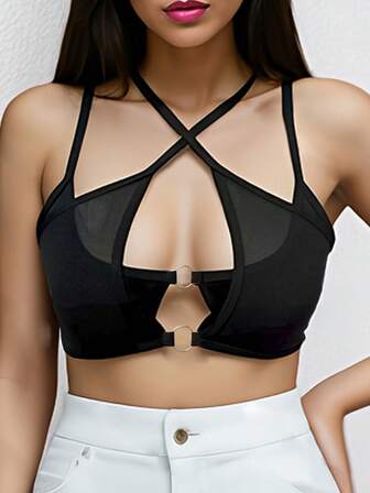 女士黑色时尚可拆卸加厚吊带交叉装饰环拼接黑色网眼针织运动文胸