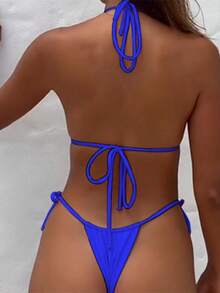 PEPPERMOLLY 全新柔软纯色露背系带比基尼，性感女士沙滩泳装套装 - 寶藍色 - 查看 7