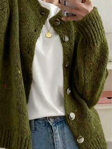 Áo khoác cardigan nữ thanh lịch, cổ tròn, tay dài, màu trơn, chất liệu polyester, cài nút, thích hợp mặc hàng ngày vào mùa thu/đông, mềm mại và thoải mái - Món đồ không thể thiếu cho kỳ nghỉ năm mới. - xanh quân đội - Xem 3