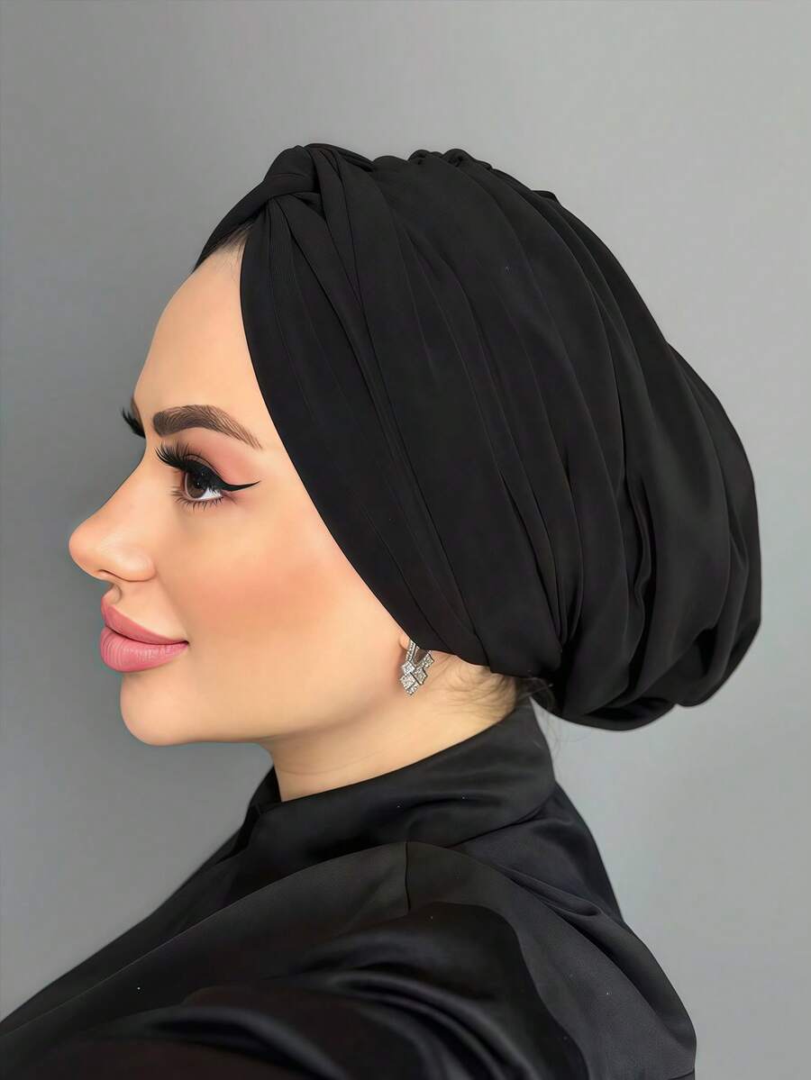 1 buah Topi Turban Kemoterapi Klasik Wanita Warna Polos, Elastisitas Tinggi & Desain Berlipit, Anti Selip & Bernapas, Jilbab Berlipit Multi-Lapisan, Kain Rajut Modal Lembut yang Nyaman, Cocok untuk Pemakaian Sehari-hari dengan Hijab - Hitam - View 1