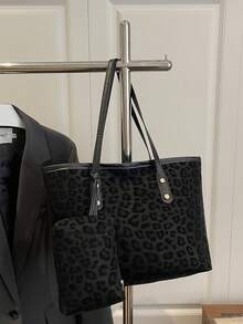 Bolso de mano de estilo minimalista con parches y estampado de leopardo falso, decoración con hebilla de color contrastante, set de 2 piezas de gran capacidad y versátil, bolso bandolera, adecuado para uso diario, compras, todo el año, opción práctica y de estilo minimalista para mujeres - Multicolor - Ver 6