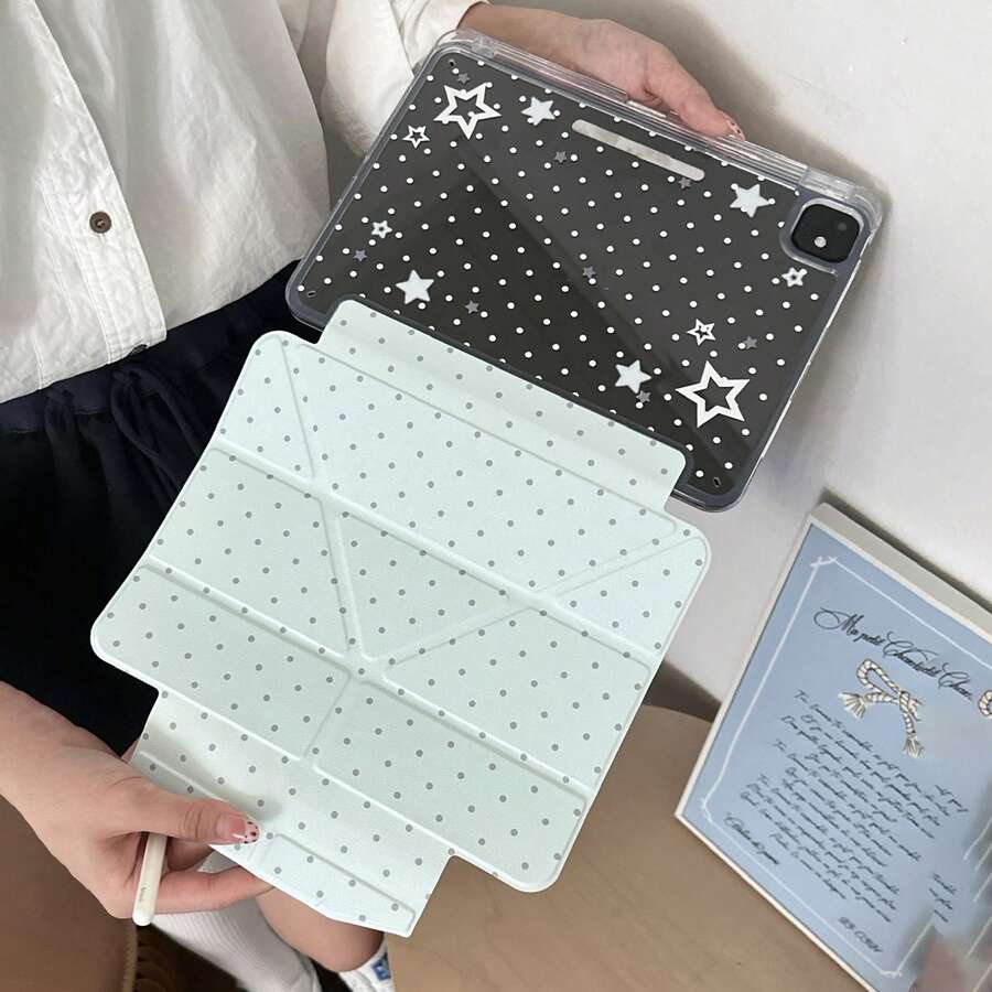 简约蓝色波点星形图案扁平保护套，适用于 iPad、iPad Pro 11/13 英寸、iPad Air、iPad Mini 6 以及 2024/2025 款机型，可爱设计，带 Apple Pencil 插槽 - 薄荷綠 - 查看 1