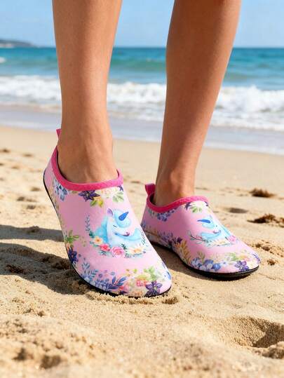 女童水鞋，适合3-12岁幼儿，速干沙滩水鞋 | 防滑独角兽印花游泳涉水鞋，带保护鞋底，适合泳池和海滩