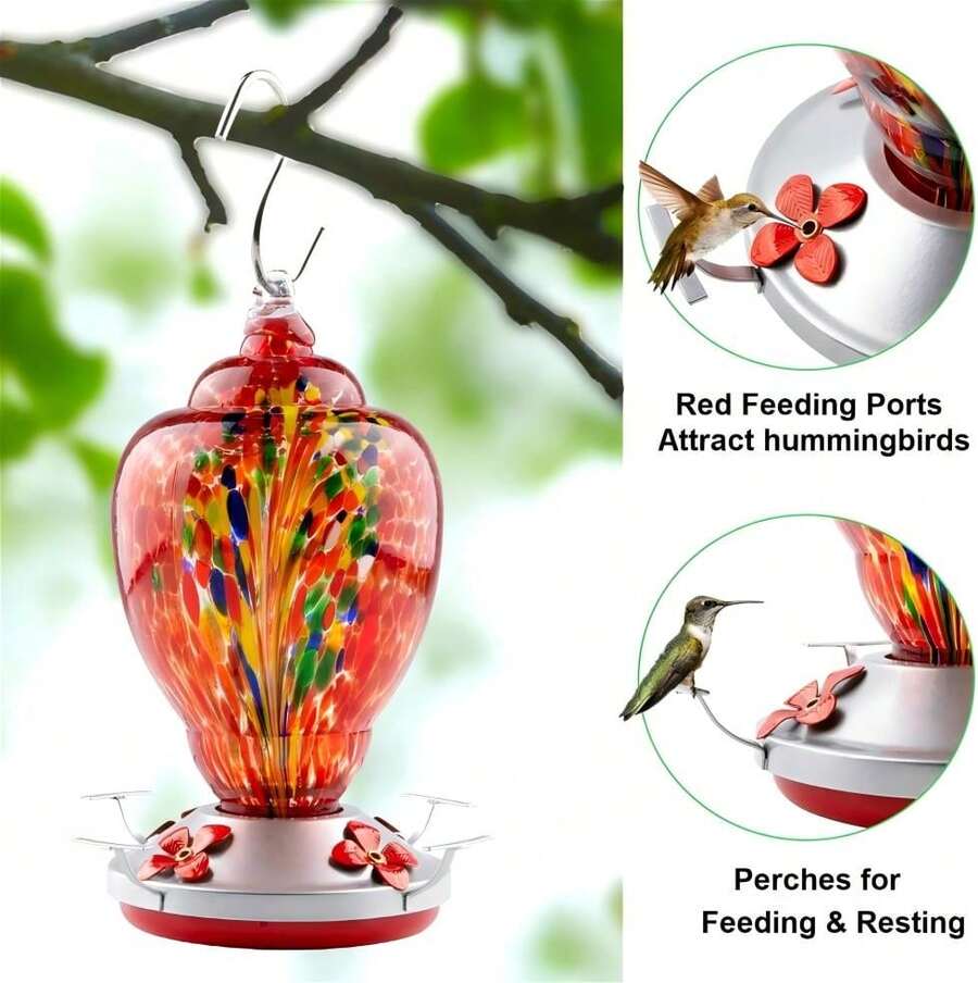 Handcrafted Glass Hummingbird Feeder. The Hummingbird Feeder Comes With An Anti-Ant Hole-Clip. It Is An Outdoor Hanging Garden Bird Feeder Made Of Glass (In Flame And Water Blue) With Two Options Available. - Rượu vang đỏ 32oz - Xem 1