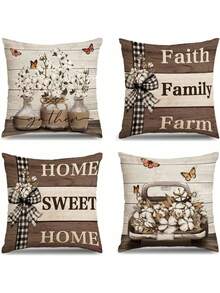 4 件套农舍风格亚麻枕套，甜美家居棕色抱枕套，卡车条纹水牛格纹户外装饰季节性枕套，沙发靠垫套，单面印花，不含枕芯（16 英寸 x 16 英寸，18 英寸 x 18 英寸，20 英寸 x 20 英寸，12 英寸 x 20 英寸）
