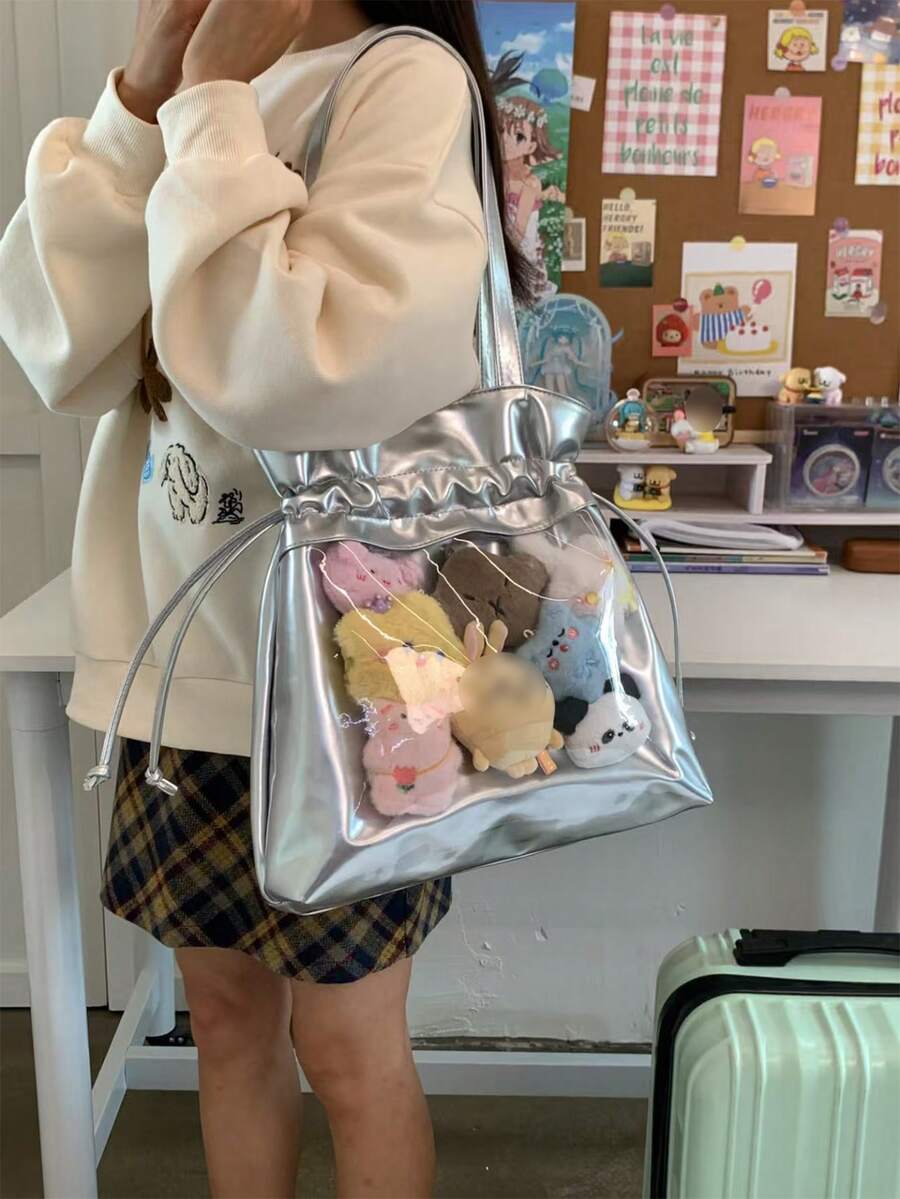 1pc Anime-Inspired Dopamine Drawstring Shoulder Bag, Fashionable Creative Small Food Quantity Transparent Decorative Bag, Drawstring Design Adds Stylish And Refined Touch, Minimalist Soft Girl Crossbody Bag, PU Material Magnetic Closure, Can Be DIY Ita Bag To Hold Figurines And Accessories, Suitable For Commuting, Attending Comic Conventions, Displaying Anime Merchandise, Shopping, Parties, And More