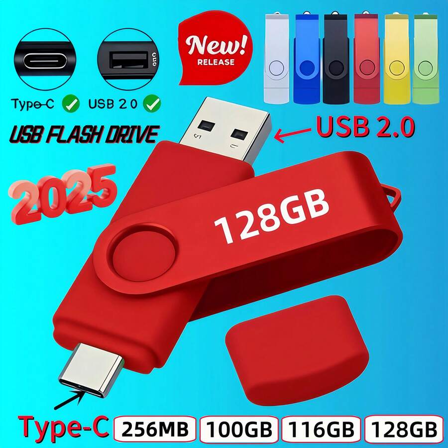 High-Speed USB-C Flash Drive] 2-In-1 High-Speed USB-C Flash Drive 128GB/116GB/100GB/256MB |   Dual Interface Thumb Drive With Metal Clip, OTG For Android Smartphones & Tablets, Compatible With PC & , Multi-Color Options, Smartphone Storage, Sleek - Black - View 1