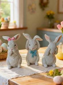 3pcs Cute Easter Bunny Figurines - White Resin Rabbit Statue Decorated With Soft Bow (See No Evil, Hear No Evil, Speak No Evil) - Adorable Spring Home Decor, Suitable For Tabletop, Shelf, Kitchen Or Living Room - Rustic Style Easter Holiday Gift - Multicolor - View 7