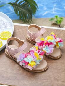 Sandali piatti con fiori in rete colorata per ragazze, scarpe estive per bambini con suola morbida, chiusura a strappo, punta aperta, traspiranti, adatte per uso quotidiano, spiaggia, feste, campus e altre occasioni - Rosa - Visualizzare 2
