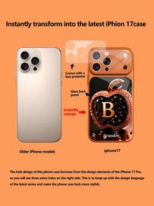 1 pieza Funda de teléfono de vidrio templado con diseño personalizable de texto y letras con patrón de manzana de rhinestone naranja, compatible con iPhone 17 ProMax/17 Air/15/16 Pro/14 Plus/13 Pro/12 Pro Max/11, protección de cámara y cubierta trasera de vidrio templado, gran ventana, mejor regalo para amigos y familiares - Naranja - Ver 7