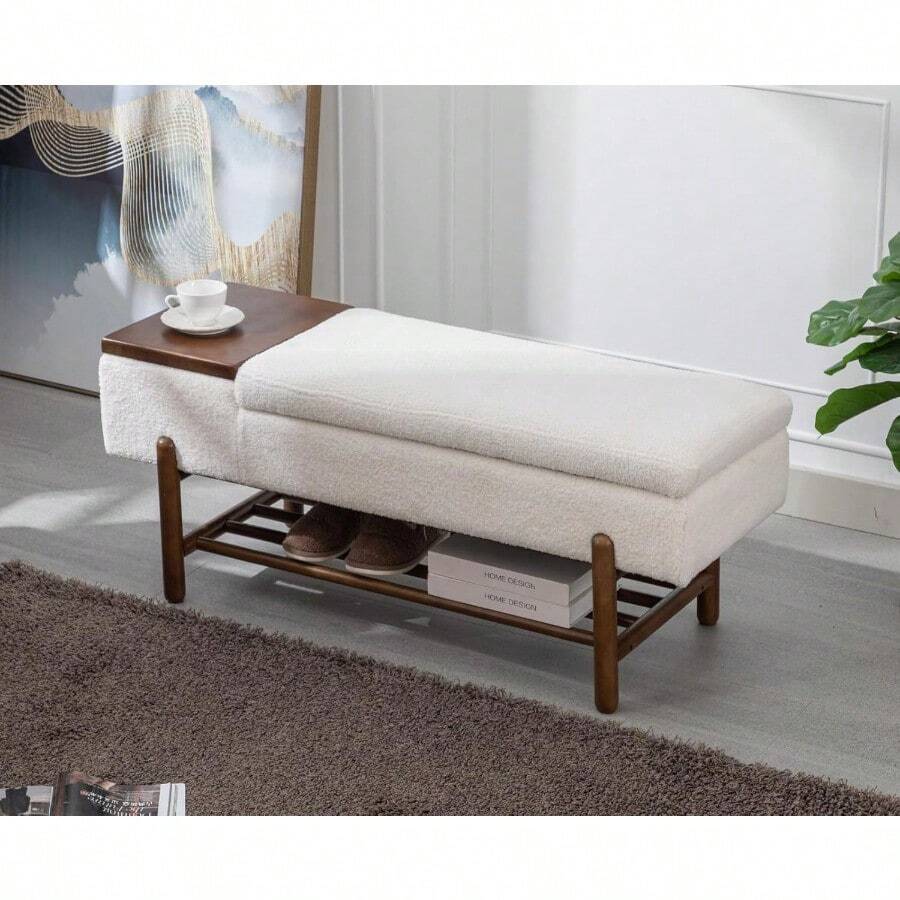 Modern Storage Bench For Bedroom End Of Bed Sherpa Upholstered Ottoman Bench With Storage And Wood Shoe Rack Farmhouse Long Seating Bench For Entryway/Hallway/Closet Beige - 羊羔絨米色 - 查看 1