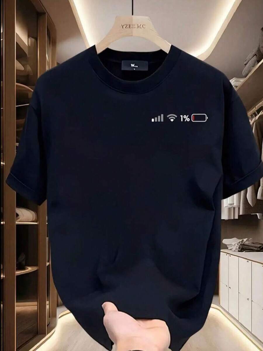 Men's T-Shirt With Stylish Low Battery Print - Stylish Black T-Shirt For Gym, Streetwear And Casual Looks, Breathable Crew Neck, Summer Workout Top, Durable Material, Short Sleeve, Ideal For Fitness Enthusiasts - 黑色 - 查看 1