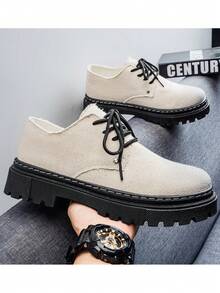 Giày nam vải bố dáng casual cổ điển, đế dày phối màu tương phản, giày buộc dây màu đen phong cách đường phố, chất liệu da mềm mại, đế cao su chống trượt, phù hợp cho đi lại hàng ngày, phong cách đường phố, thiết kế đa năng dễ phối với nhiều trang phục. - Màu be - Xem 3