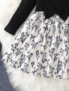 Young Girl Casual Knit Velvet Striped Beaded Shoulder Long Sleeve Round Neck Bow Patchwork Contrast Color Floral Print A-Line Hem Dress, Suitable For Daily, Home, Outdoor, Sports, Spring/Autumn - Black and White - View 7