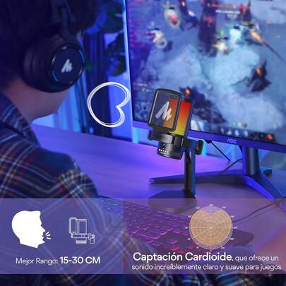 MAONO Microfono USB para Gamer, Microfono PC RGB con Cancelación de Ruido, Silencio, Ganancia y Monitoreo para Stream, Podcast, Twitch,, Computadora, Celular, y,, GamerWave