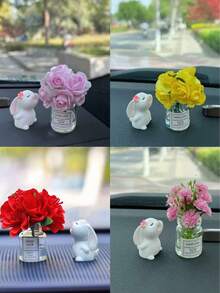 Jarrón de flores de seda en miniatura y difusor de fragancia con forma de conejo para el coche, accesorios de decoración interior del automóvil