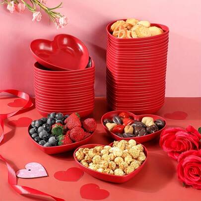 5pcs Red Heart-Shaped Plates & Bowls, Suitable For Valentine's Day, Birthday, Bridal Shower, Baby Shower, 5.7 Inch Red Heart-Shaped Bowls For Snacks, Desserts, Salads, Appetizers, Dips, Fruits, Steak Serving