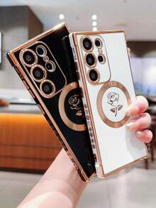 Magnetic Luxury Black & Gold Rose Design Phone Case - Compatible With Samsung & Compatible With IPhone - Black - View 8